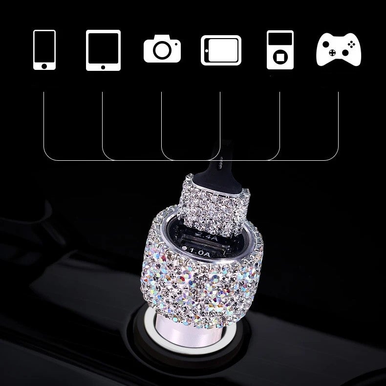 Bluejw Crystal Diamond Rhinestone Car Charger: 2 USB Fast Charge, 3-in-1 Alloy Data Cable for Auto/Home/Phone - Cigarette Lighter Adapter - Image 3